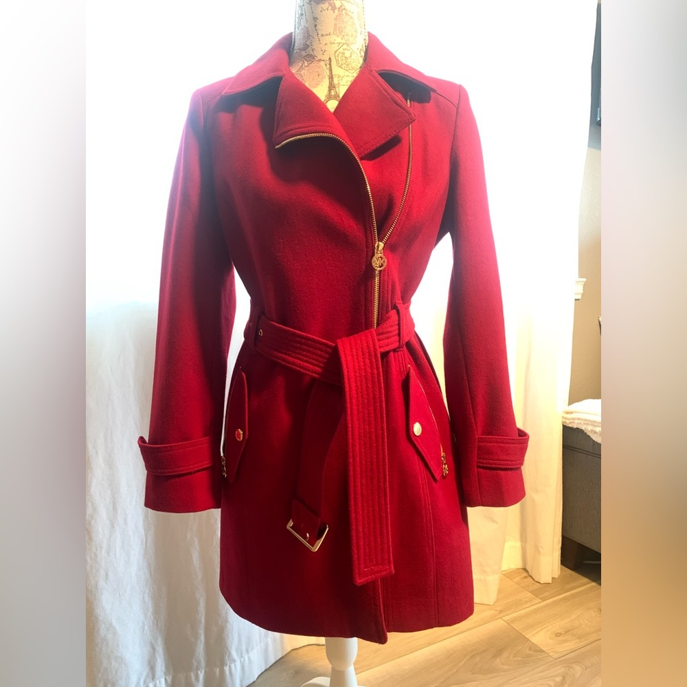 Michael Kors Vibrant Red Wool Belted Trench Coat